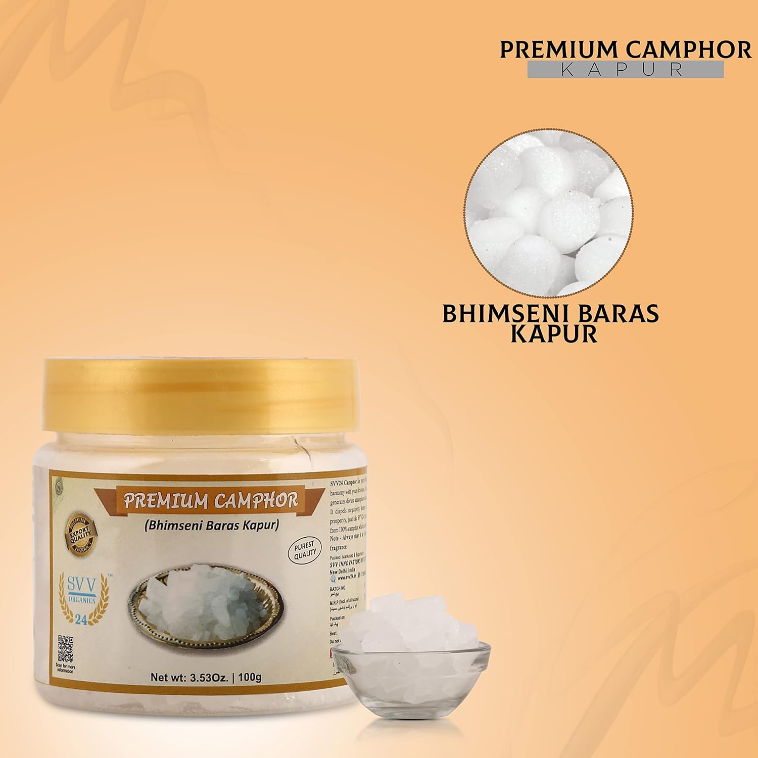 SVV24 Premium Camphor | Bhimseni Baras Kapur | Kapoor for Pooja | Kapoor | Kappuram (Pack of 1-100g)