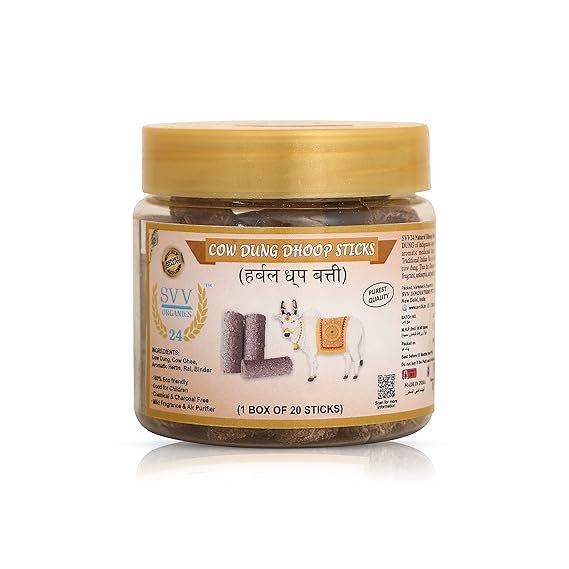 SVV24 Desi Cow Dung Dhoop Sticks | Organic Dhoop Stick for Puja and Mosquito Repellent | 100% Pure and Organic Cow Dung Dhoop Sticks (Pack of 20 Sticks)