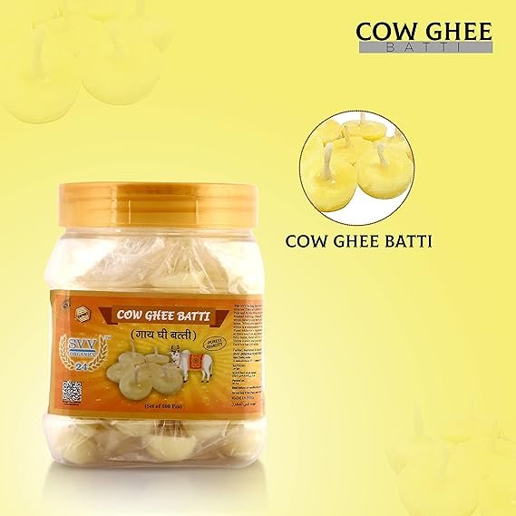 SVV24 Cow Ghee Batti for Pooja | 100% Pure and Natural Cow Ghee Diya Batti 20 min Burning Time | (Pack of 100 Wicks)
