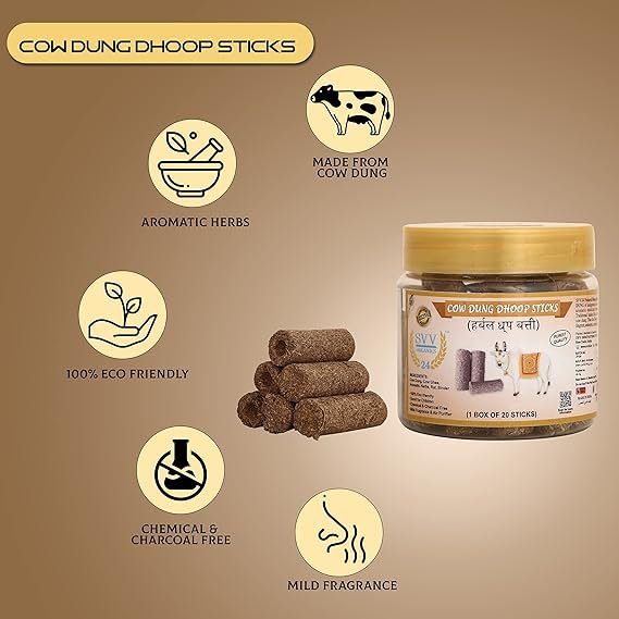SVV24 Desi Cow Dung Dhoop Sticks | Organic Dhoop Stick for Puja and Mosquito Repellent | 100% Pure and Organic Cow Dung Dhoop Sticks (Pack of 20 Sticks)